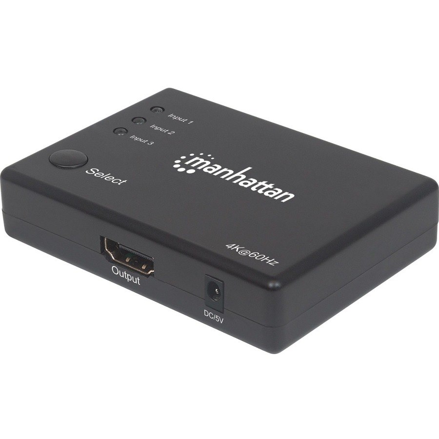 Manhattan HDMI Switch 3-Port (Compact), 4K@60Hz, Connects x3 HDMI sources to x1 display, Remote Control and Manual Switching (via button), AC Powered (cable 1.2m), Black, Three Year Warranty, Blister (With Euro 2-pin plug)