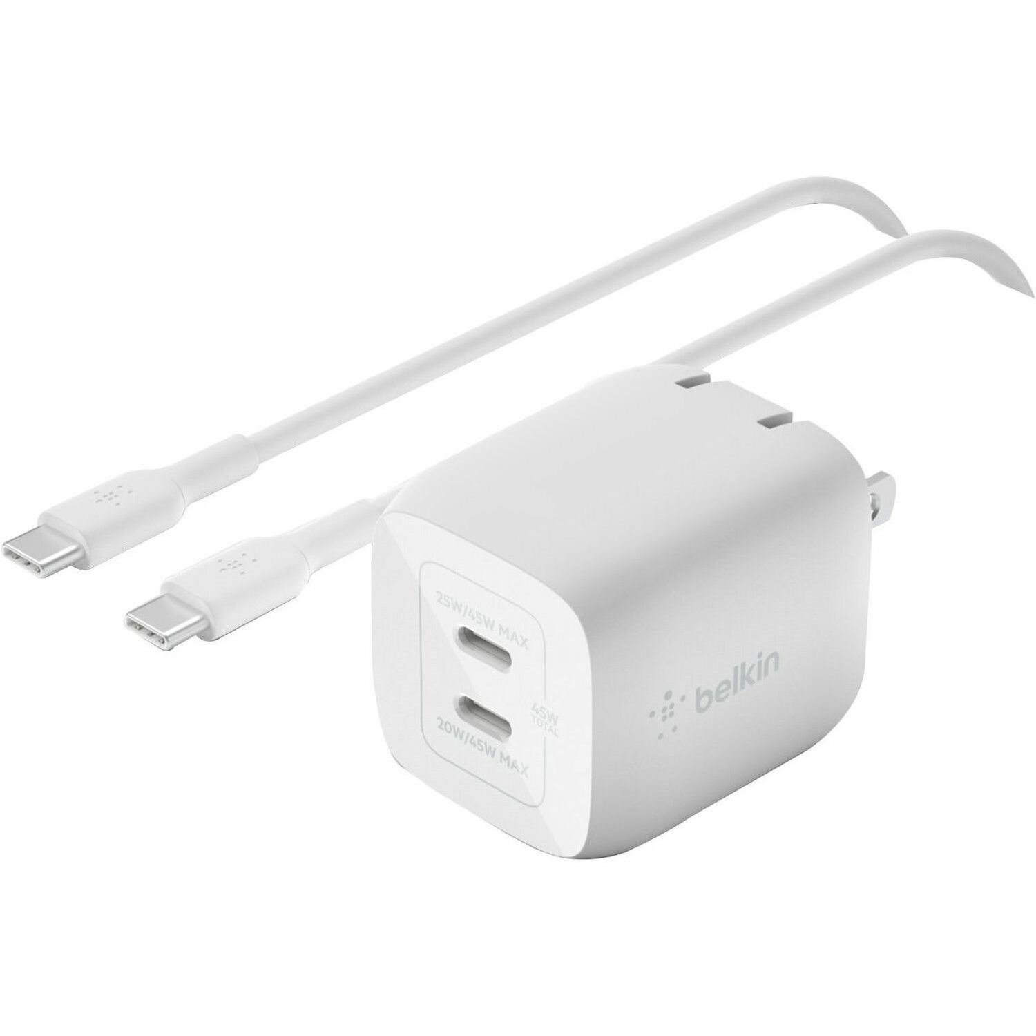Belkin 45W Portable Dual Port GaN Wall Charger - 2xUSB-C (45W Total) - w/ USB-C to USB-C Cable - Fast Charging - Power Adapter - White