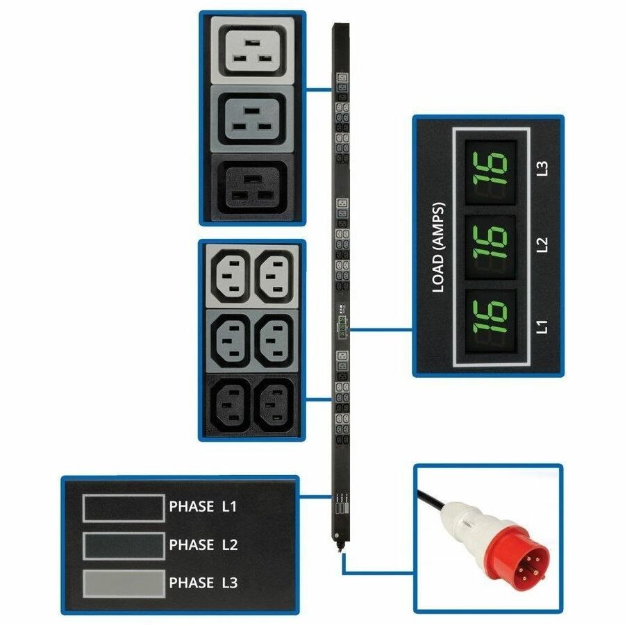 Eaton Tripp Lite Series 11.5kW 3-Phase Local Metered PDU, 208-240V (36 C13 & 9 C19), IEC-309 16/20A Red, 360-415V Input, 6 ft. (1.83 m) Cord, 0U Vertical, TAA