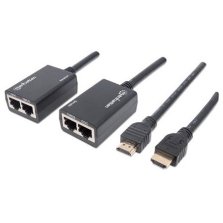 1080p HDMI over Ethernet Extender with Integrated Cables, Distances up to 30m with 2x Cat5e or Cat6 Ethernet Cables (not included), Black, Three Year Warranty, Blister