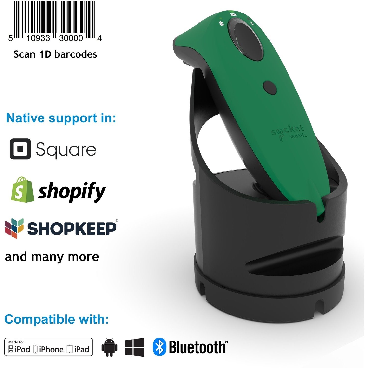 Socket Mobile SocketScan S730 Handheld Barcode Scanner - Wireless Connectivity - Green, Black
