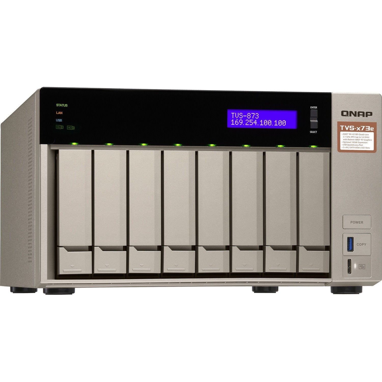 QNAP TVS-873E 8 x Total Bays SAN/NAS Storage System - 512 MB Flash Memory Capacity - AMD R-Series RX-421BD Quad-core (4 Core) 2.10 GHz - 8 GB RAM - DDR4 SDRAM Tower