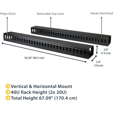 StarTech.com Vertical Cable Organizer with Finger Ducts - Vertical Cable Management Panel - Rack-Mount Cable Raceway - 40U - 6 ft.