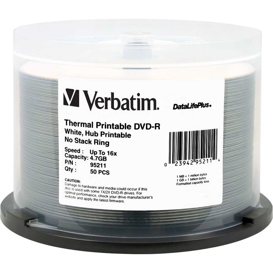 Verbatim DataLifePlus 95211 DVD Recordable Media - DVD-R - 16x - 4.70 GB - 50 Pack Spindle - White