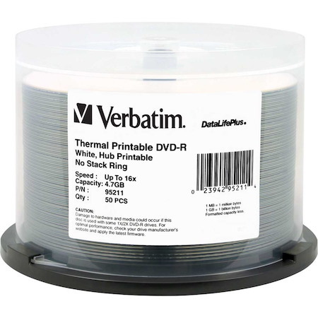 Verbatim DVD-R 4.7GB 16X DataLifePlus White Thermal Printable, Hub Printable - 50pk Spindle