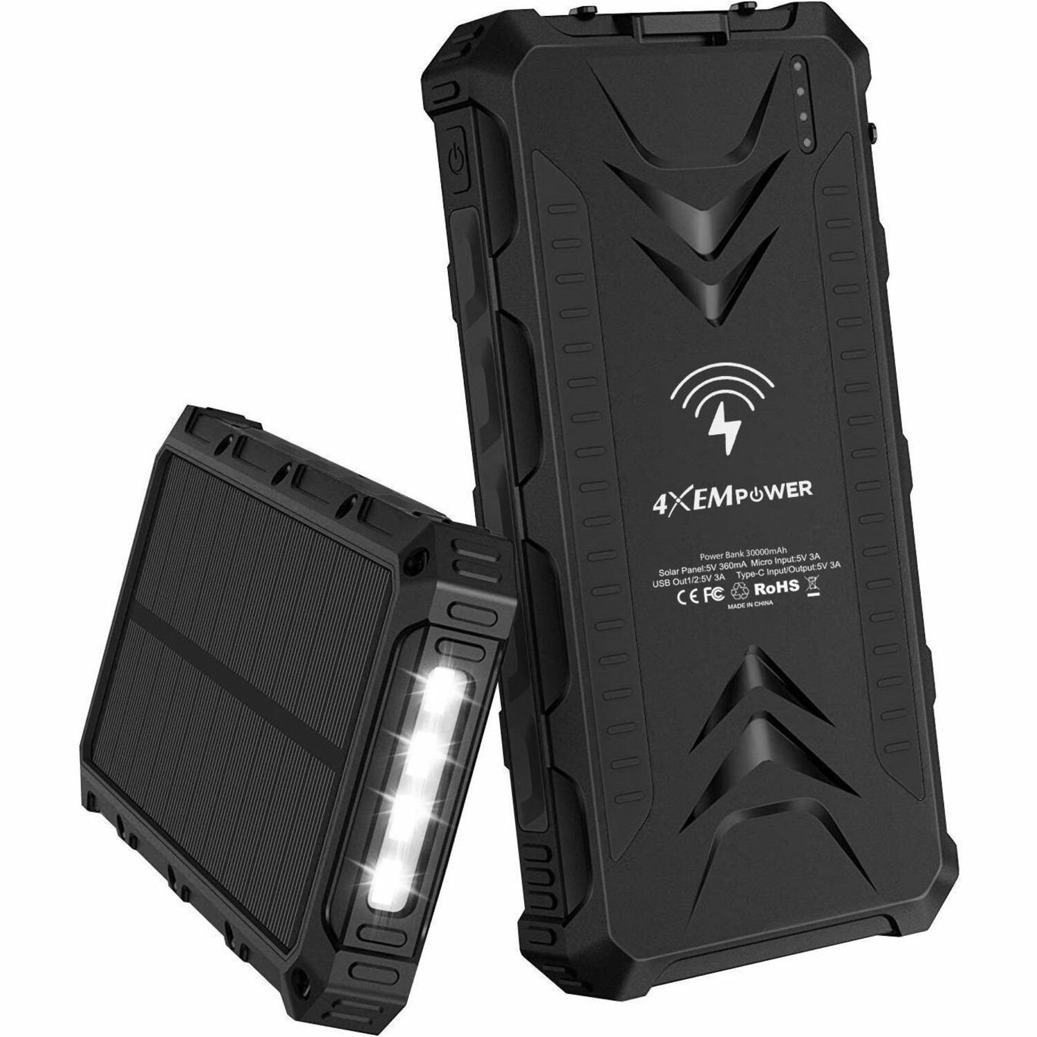 4XEM 30,000 mAh Mobile Solar Power Bank and Charger (Black)