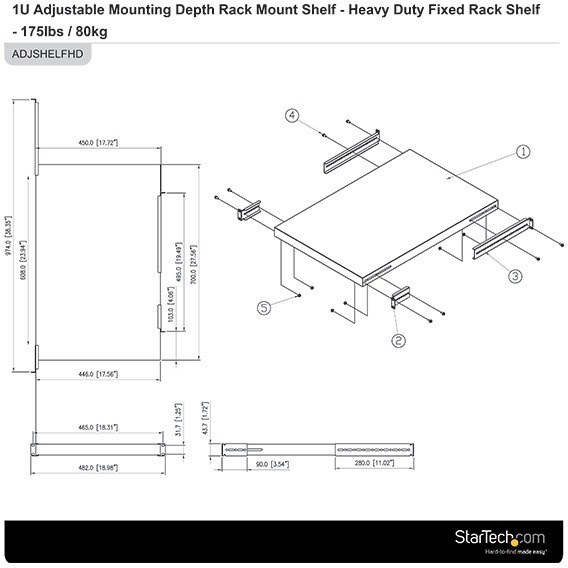 StarTech.com 1U 4-Post 19.5 to 38in Adjustable Mounting Depth Rack Mount Shelf - Heavy Duty Fixed Rack Shelf - 330 lb / 150kg - 27.5in Deep