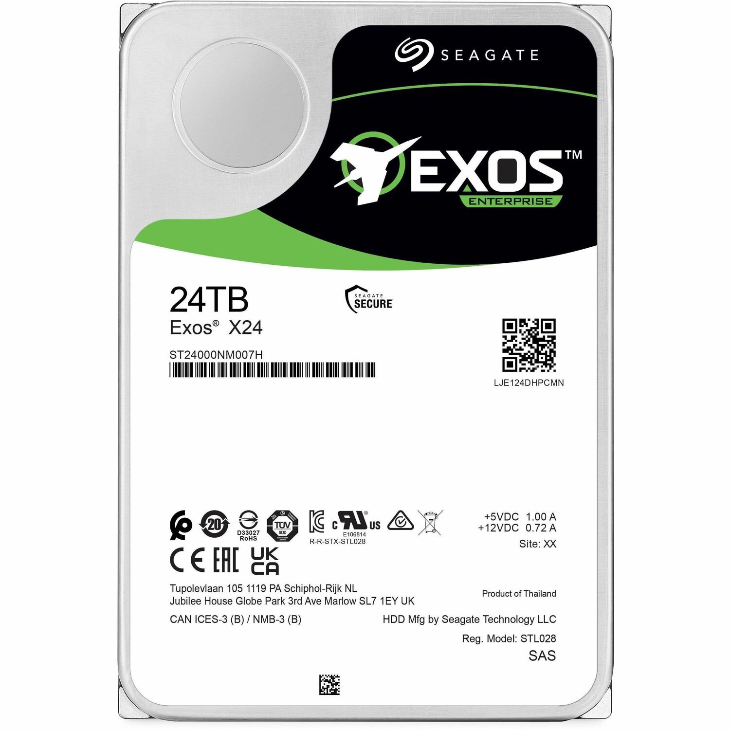 Seagate Exos X24 ST24000NM007H 24 TB Hard Drive - 3.5" Internal - SAS (12Gb/s SAS) - Conventional Magnetic Recording (CMR) Method