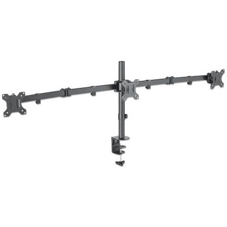 Manhattan TV & Monitor Mount, Desk, Double-Link Arms, 3 screens, Screen Sizes: 10-27" , Black, Clamp Assembly, Triple Screen, VESA 75x75 to 100x100mm, Max 7kg (each), Lifetime Warranty