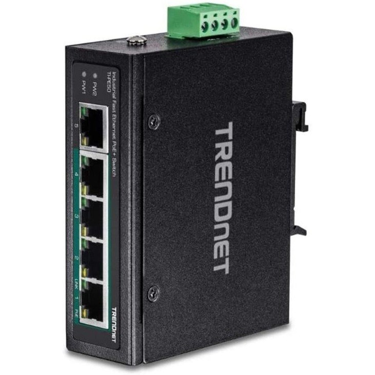 TRENDnet 5-Port Industrial Fast Ethernet DIN-Rail Switch, 4 x Fast Ethernet PoE+ Ports, 1 x Fast Ethernet Port, 90W PoE Power Budget, DIN-Rail, IP30 Rated, Lifetime Protection, Black, TI-PE50