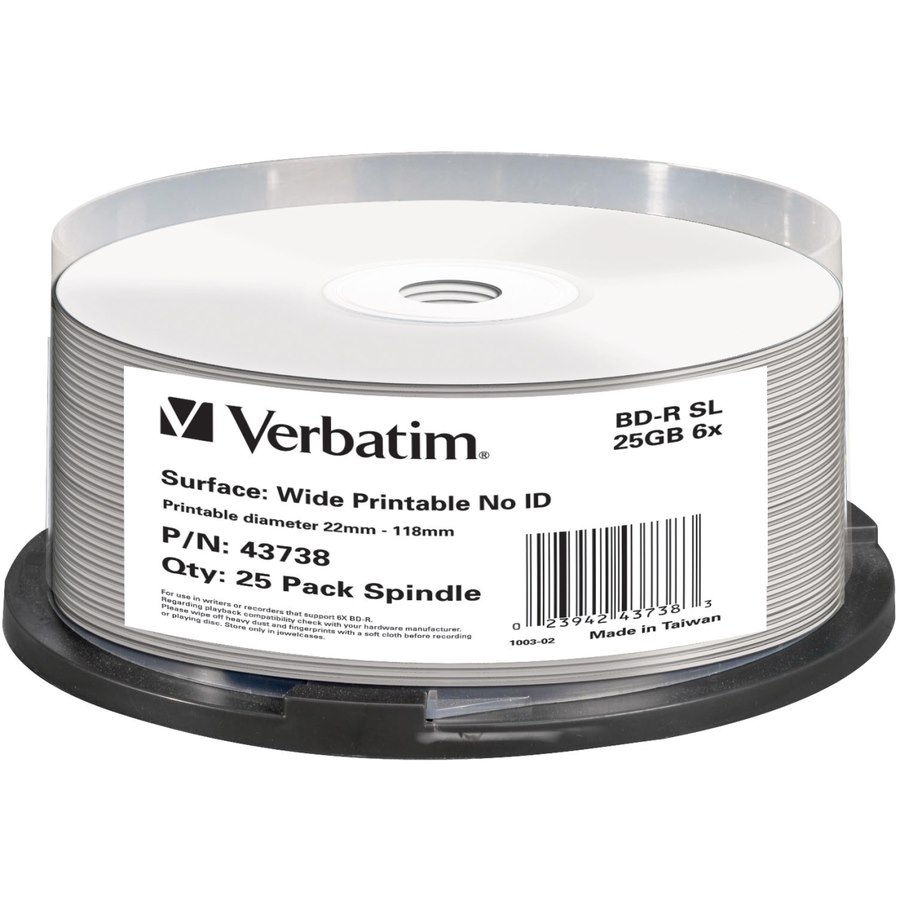 Verbatim 43738 Blu-ray Recordable Media - BD-R - 6x - 25 GB - 25 Pack Spindle - White