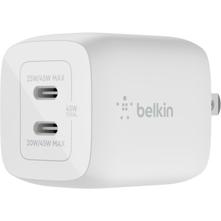 Belkin BoostCharge Pro Dual USB-C GaN Wall Charger with PPS 45W Laptop Chromebook Charging - Power Adapter