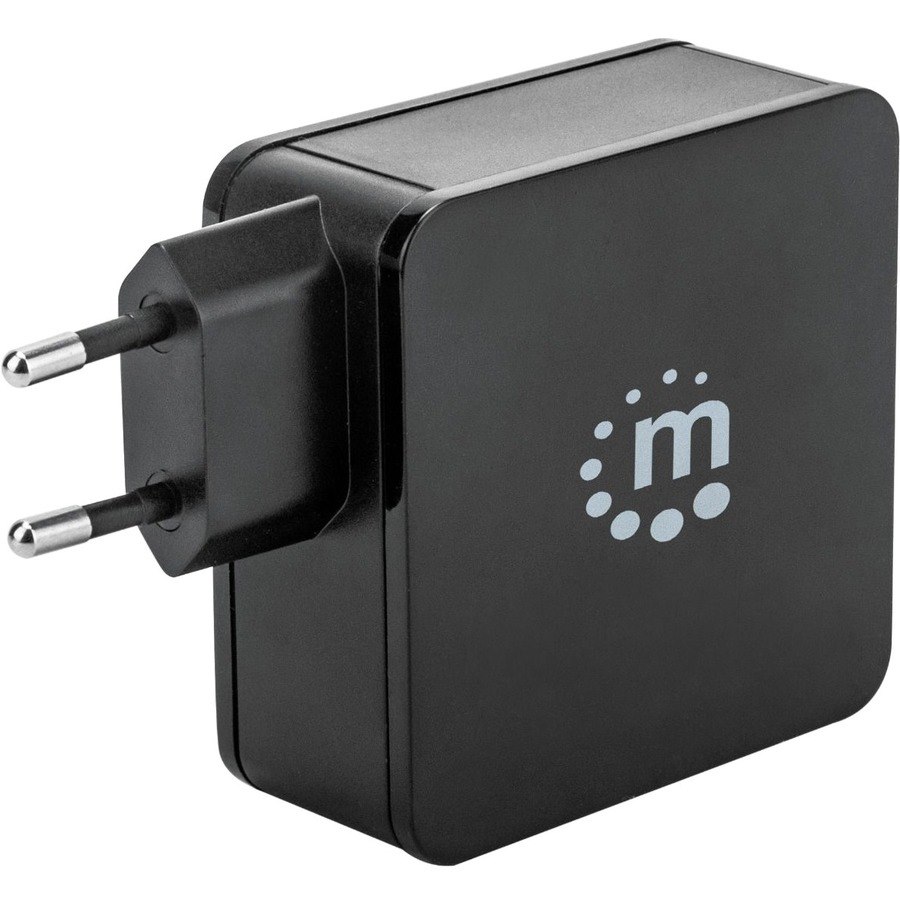 Manhattan Wall/Power Charger (Euro 2-pin), USB-C and USB-A ports, USB-C Output: 60W / 3A, USB-A Output: 2.4A, Black, Three Year Warranty, Box
