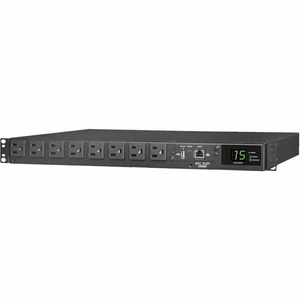 Eaton Tripp Lite Series 1.44kW 120V Single-Phase ATS/Monitored PDU - 8 NEMA 5-15R Outlets, Dual 5-15P Inputs, 12 ft. Cords, 1U, TAA