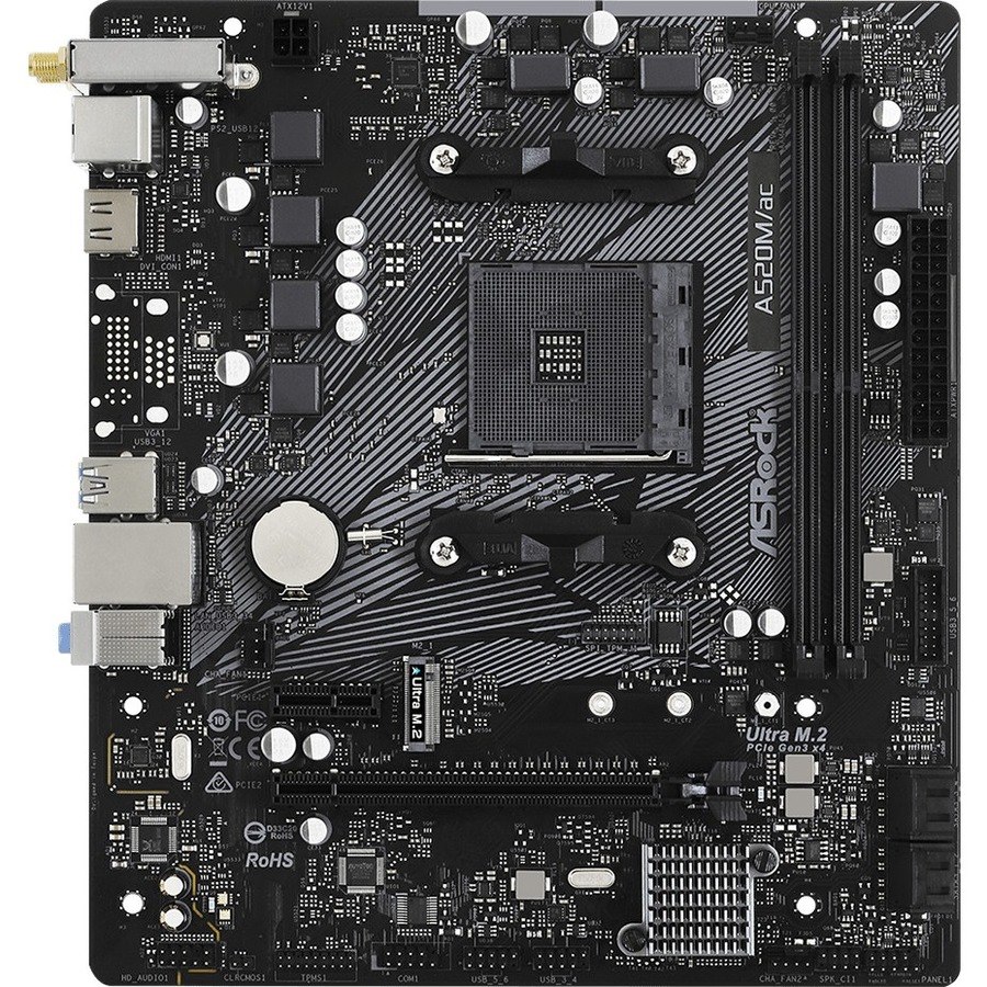 ASRock A520M/ac Desktop Motherboard - AMD A520 Chipset - Socket AM4 - Micro ATX