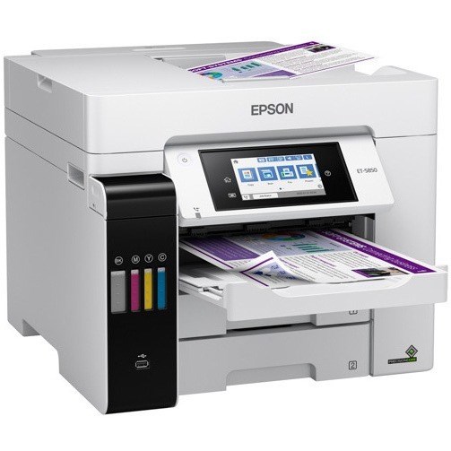 Epson ET-5850 Inkjet Multifunction Printer-Color-Copier/Fax/Scanner-4800x1200 dpi Print-Automatic Duplex Print-66000 Pages-550 sheets Input-1200 dpi Optical Scan-Color Fax-Wireless LAN-Epson Connect-Epson Email Print-Epson iPrint-Mopria