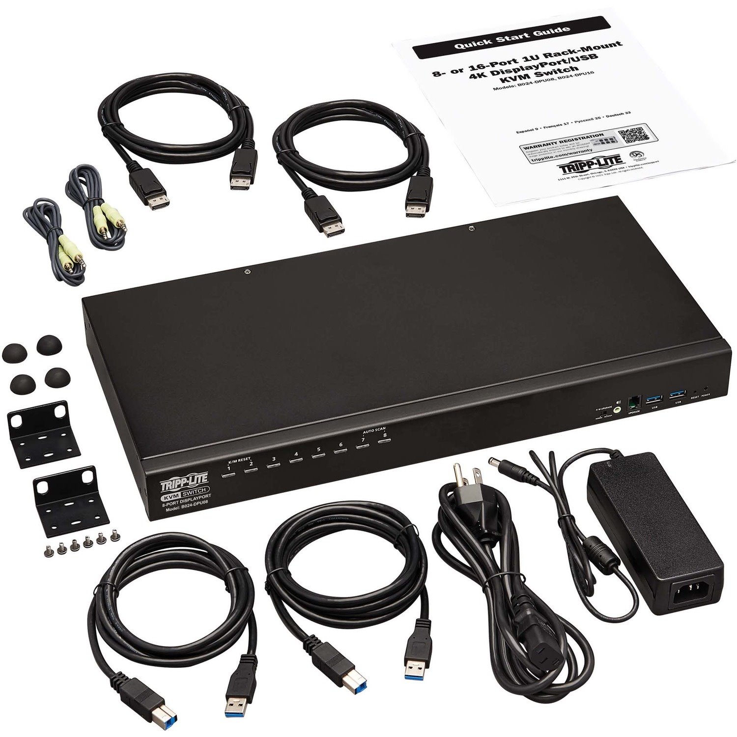 Tripp Lite 8-Port DisplayPort/USB KVM Switch with Audio/Video and USB Peripheral Sharing 4K 60 Hz 1U Rack-Mount