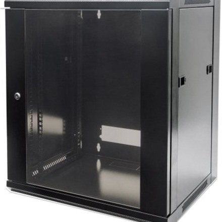 Network Cabinet, Wall Mount (Standard), 6U, 450mm Deep, Black, Flatpack, Max 60kg, Metal & Glass Door, Back Panel, Removeable Sides, Suitable also for use on a desk or floor, 19" , Parts for wall installation not included, Three Year Warranty