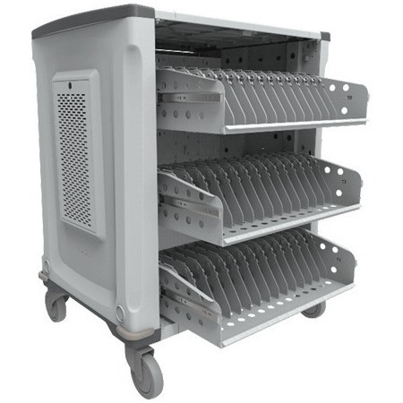 Rocstor Volt&reg; C42 Charging Cart with Intelligent Power Charging - Up to 42 Device Intelligent Power Charging Cart for Notebooks, Chromebook&reg;, MacBook&reg;, and Macbook&reg; Pro- 3 Slide-out shelves - Push Handle - 4 Heavy Duty 5" Casters - Steel Construction - 34.9" Width x 24.4" Depth x 40.7" Height - Silver - 5 Year Full Warranty - For up to 42 Devices MACBOOK&reg;/CHROMEBOOK&reg;/ NOTEBOOK UP TO 15.6"