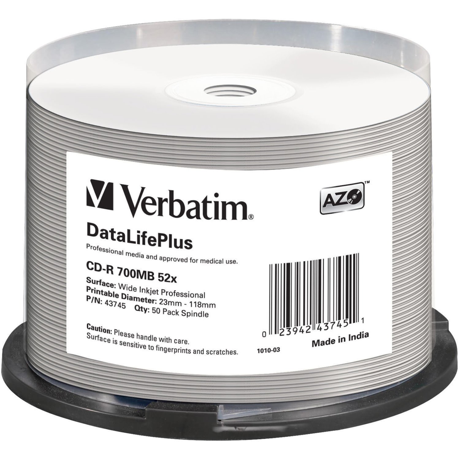 Verbatim DataLifePlus 43745 CD Recordable Media - CD-R - 52x - 700 MB - 50 Pack Spindle - White