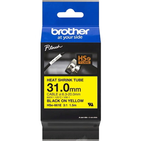 Brother HSe-661E - Heat Shrink Tube Tape Cassette - Black on Yellow, 31.0mm Wide