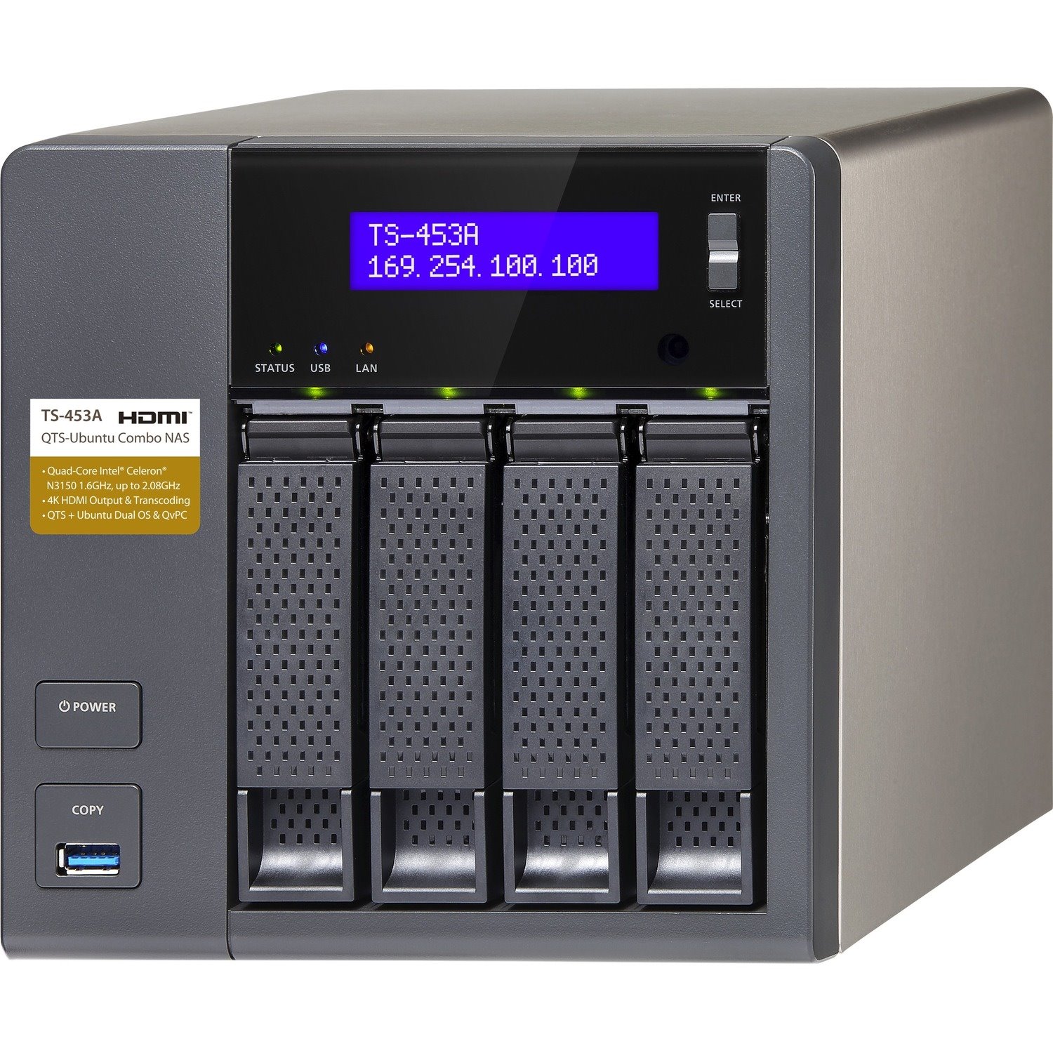 QNAP Turbo NAS TS-453A 4 x Total Bays NAS Storage System - Intel Celeron N3150 Quad-core (4 Core) 1.60 GHz - 4 GB RAM - DDR3L SDRAM Desktop