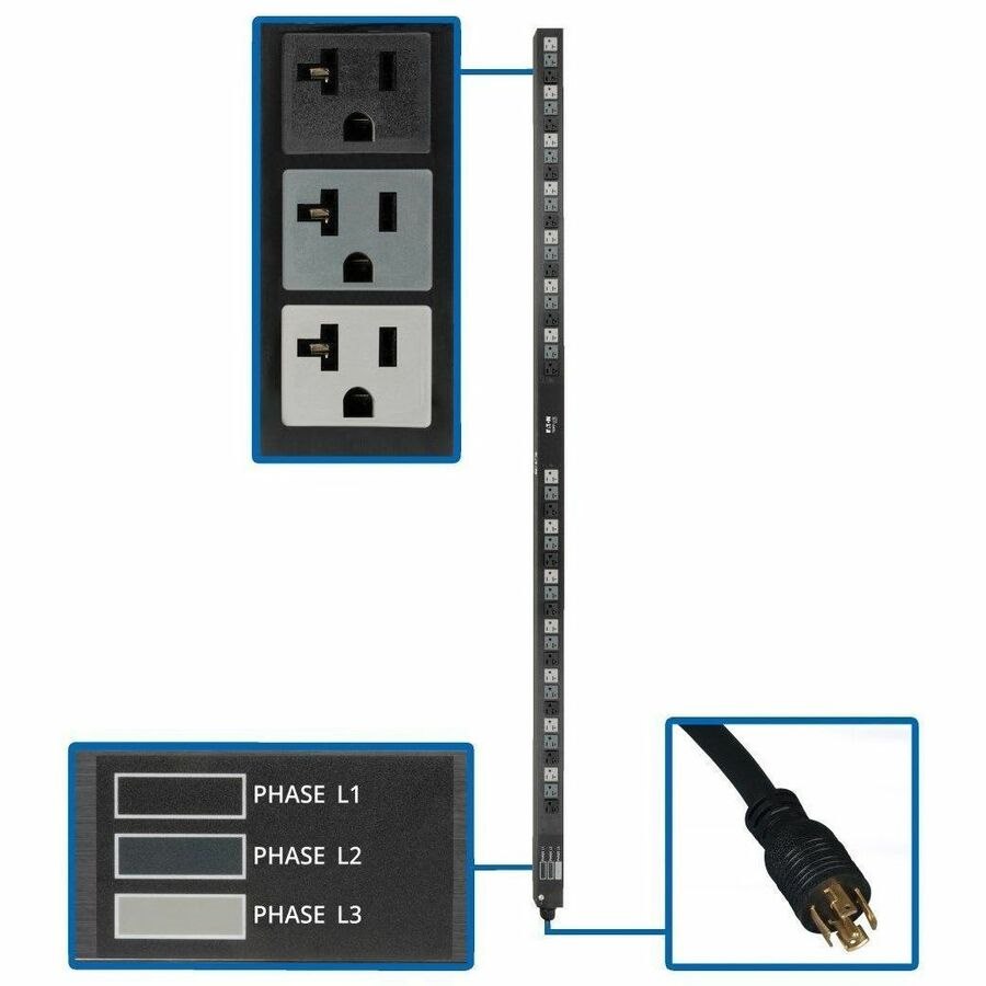 Eaton Tripp Lite Series 5.7kW 3-Phase Basic PDU - 42 NEMA 5-15/20R 120V Outlets, 208V L21-20P Input, 6 ft. Cord, 70 in. 0U Rack