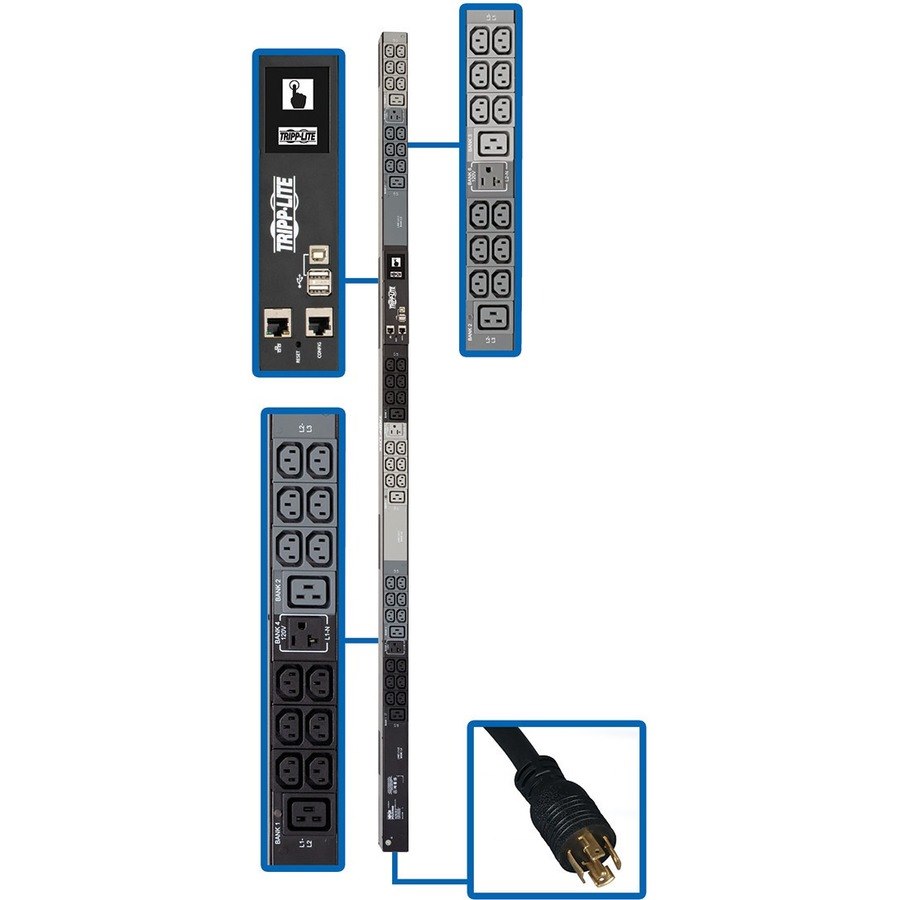 Tripp Lite by Eaton 5.8kW 208/120V 3PH Monitored PDU - LX Interface, Gigabit, 45 Outlets, L21-20P Input, LCD, 1.8 m Cord, 0U 1.8 m Height, TAA