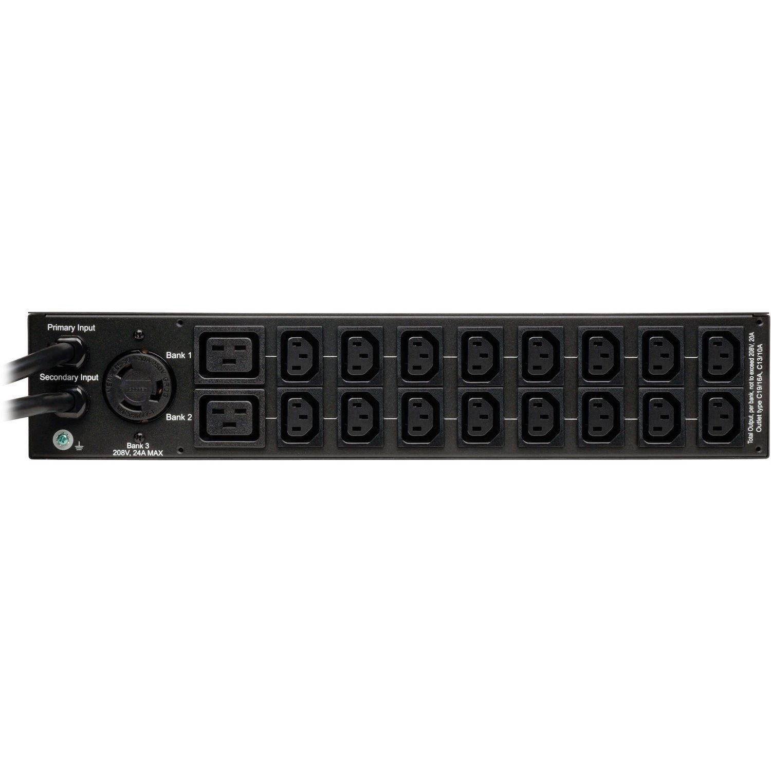 Eaton Tripp Lite Series 5.8kW Single-Phase Local Metered Automatic Transfer Switch PDU, Two 200-240V L6-30P Inputs, 16-C13 2-C19 & 1 L6-30R Outlet, 2U, TAA