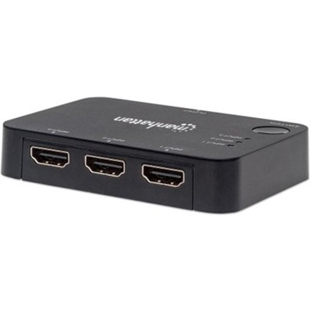 Manhattan HDMI Switch 3-Port , 4K@30Hz, Connects x3 HDMI sources to x1 display, Automatic and Manual Switching (via button), USB-A Powered (cable included, 0.7m), Black, Three Year Warranty, Retail Box