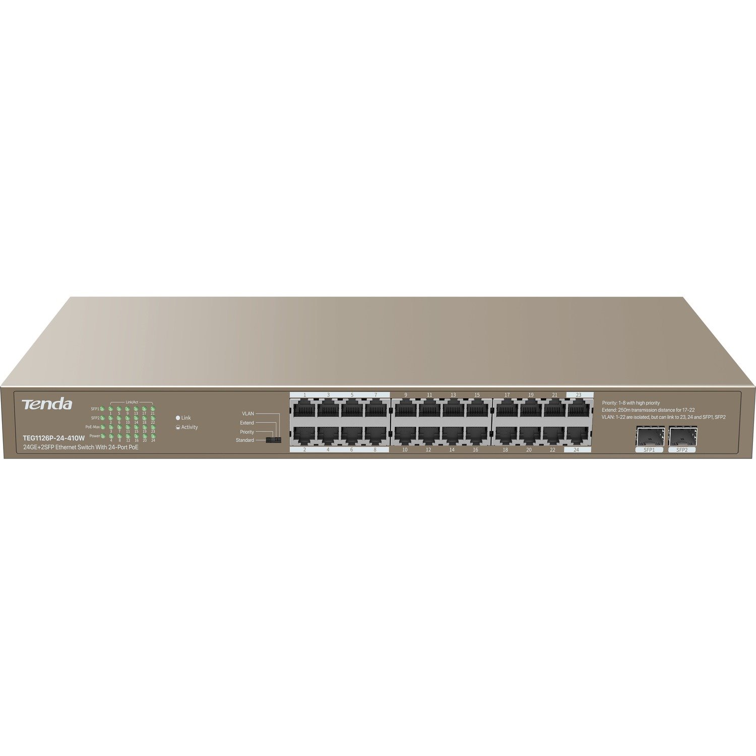 Tenda TEG1126P-24-410W 24 Ports Ethernet Switch - Gigabit Ethernet - 10/100/1000Base-T, 1000Base-X