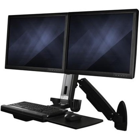 StarTech.com Wall Mount Workstation, Full Motion Standing Desk with Ergonomic Height Adjustable Dual VESA Monitor & Keyboard Tray Arm