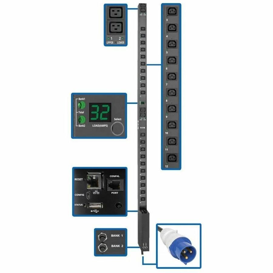 Eaton 7.7kW Single-Phase Switched PDU with LX Platform Interface, 230V Output, IEC 309 32A Blue, 10 ft. (3.05 m) Cord, 0U, TAA