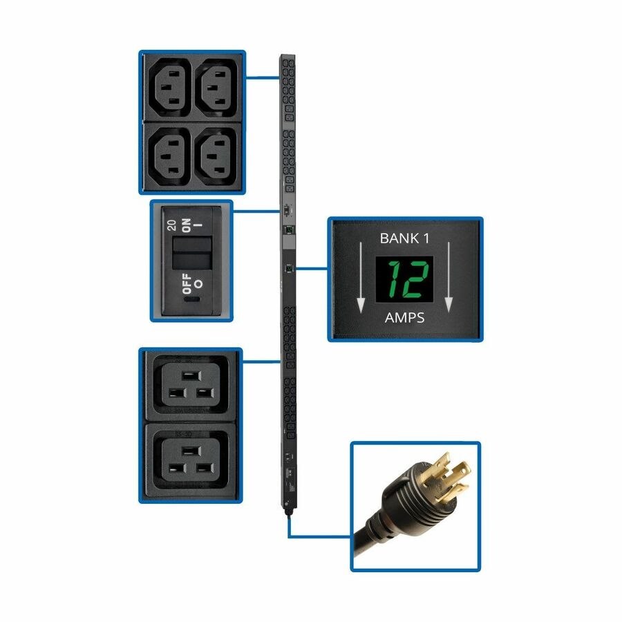 Eaton Tripp Lite Series 5.8kW Single-Phase Local Metered PDU, 200-240V Outlets (8 C19 and 40 C13), L6-30P, 10 ft. (3.05 m) Cord, 0U Vertical, TAA, 70 in.