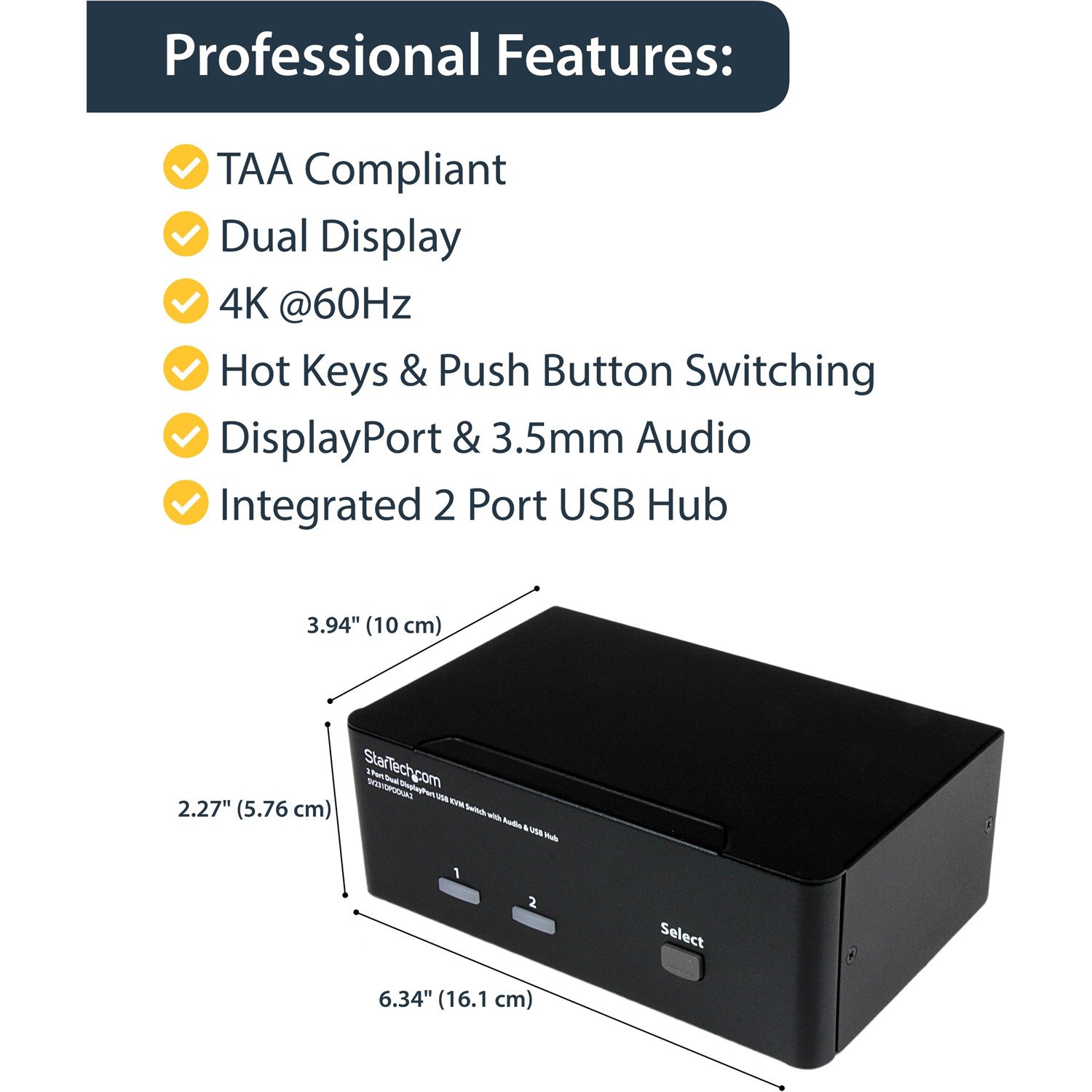 StarTech.com 2-Port DisplayPort KVM Switch - Dual-Monitor - 4K 60 - with Audio & USB Peripheral Support - DP 1.2 - USB Hub (SV231DPDDUA2)