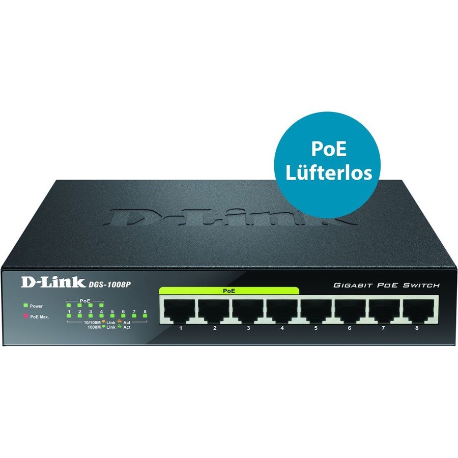 D-Link DGS-1008P 8 Ports Ethernet Switch - Gigabit Ethernet, Fast Ethernet - 10/100/1000Base-T