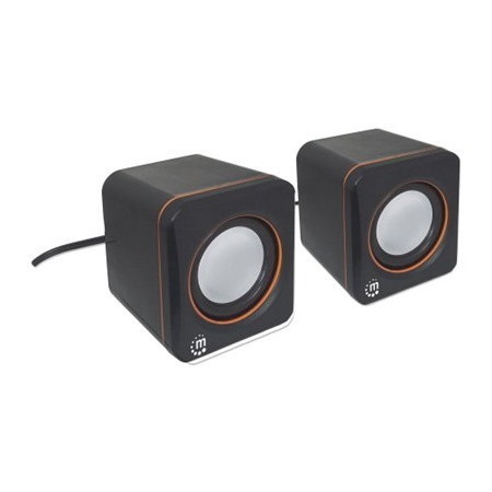Manhattan 2600 Series Speaker System, Small Size, Big Sound, Two Speakers, Stereo, USB power, Output: 2x 3W, 3.5mm plug for sound, In-Line volume control, Cable 0.9m, Black, Three Year Warranty, Box
