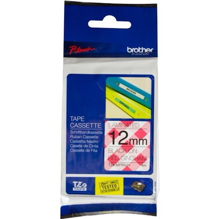 Brother PTouch Black on Red Gingham Tape 12mm x