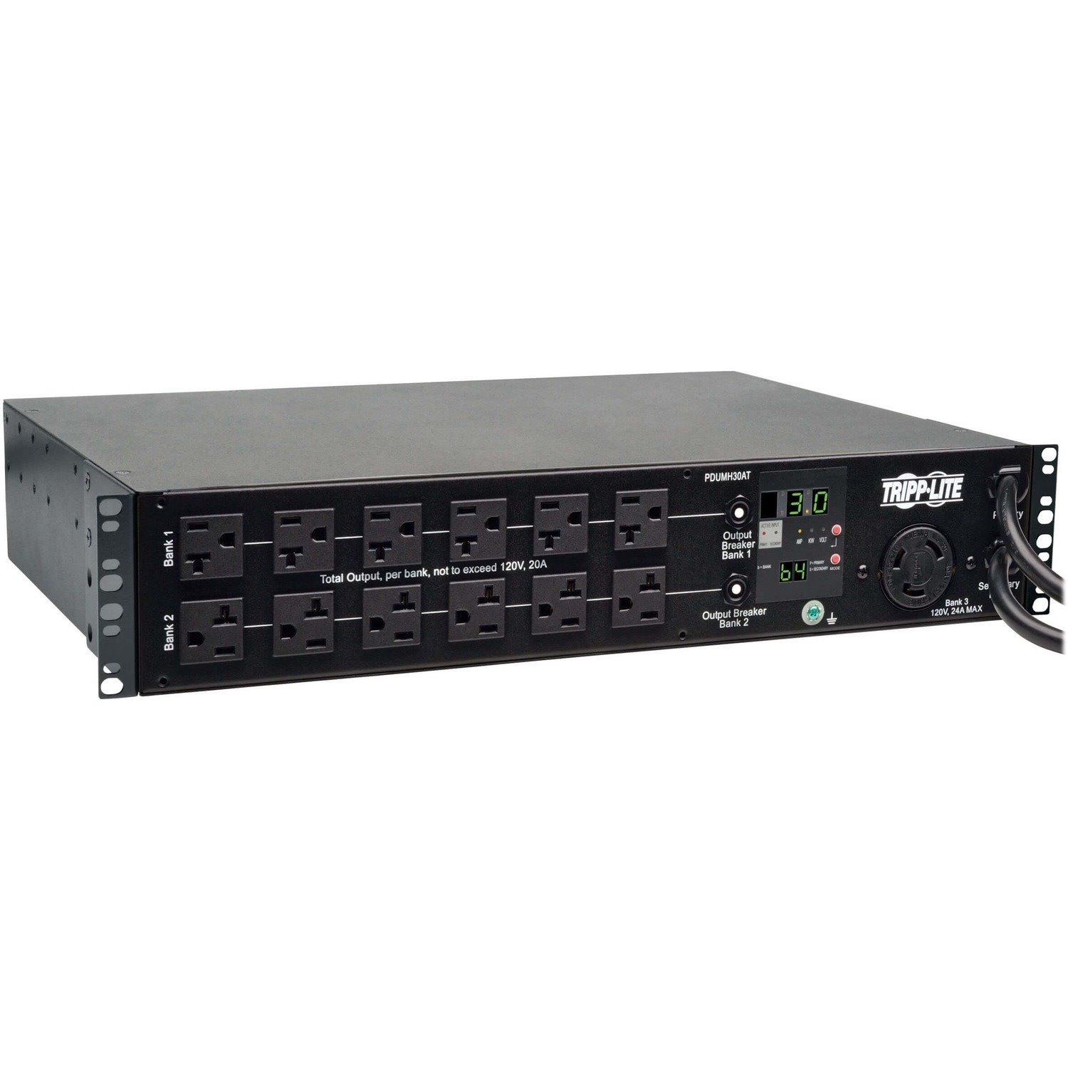 Tripp Lite by Eaton 2.9kW Single-Phase Local Metered Automatic Transfer Switch PDU, 2 120V L5-30P Inputs, 24 5-15/20R & 1 L5-30R Outputs, 2U, TAA