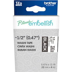 Brother P-touch Embellish White on Black Washi Tape 12mm (~1/2") x 4m
