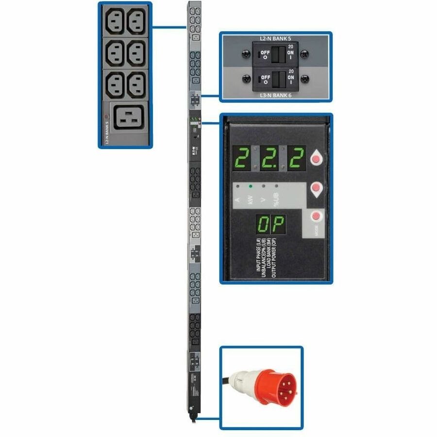 Eaton Tripp Lite Series 3-Phase Local Metered PDU, 23kW, 42 208-240V outlets (36 C13, 6 C19), IEC309 32A Red (3P+N+E) 360-415V Input, 0u vertical, TAA