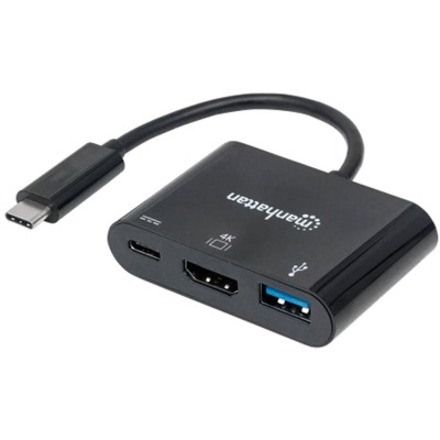 Manhattan USB-C Dock/Hub, Ports (x3): HDMI, USB-A and USB-C, 5 Gbps (USB 3.2 Gen1 aka USB 3.0), With Power Delivery (60W) to USB-C Port (Note additional USB-C wall charger and USB-C cable needed), CDP2HDUACP, Black, 3 Year Warranty, Blister