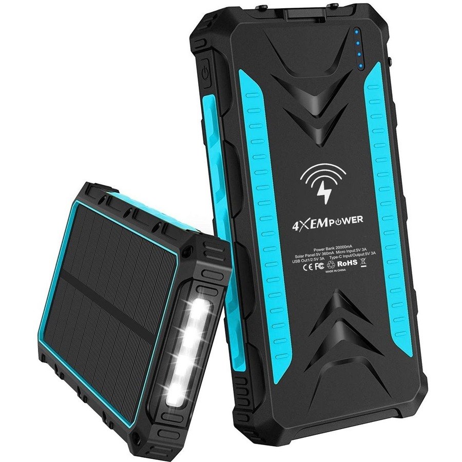 4XEM 20,000 maH Mobile Solar Power Bank and Charger (Blue)