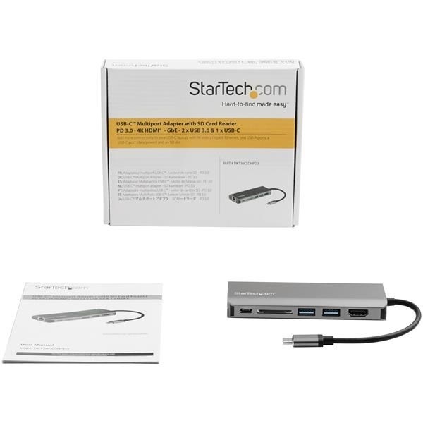 StarTech.com USB C Multiport Adapter - USB Type-C Travel Dock to 4K HDMI, 3x USB Hub, SD, GbE, 60W PD 3.0 Pass-Through - Mini Laptop Dock