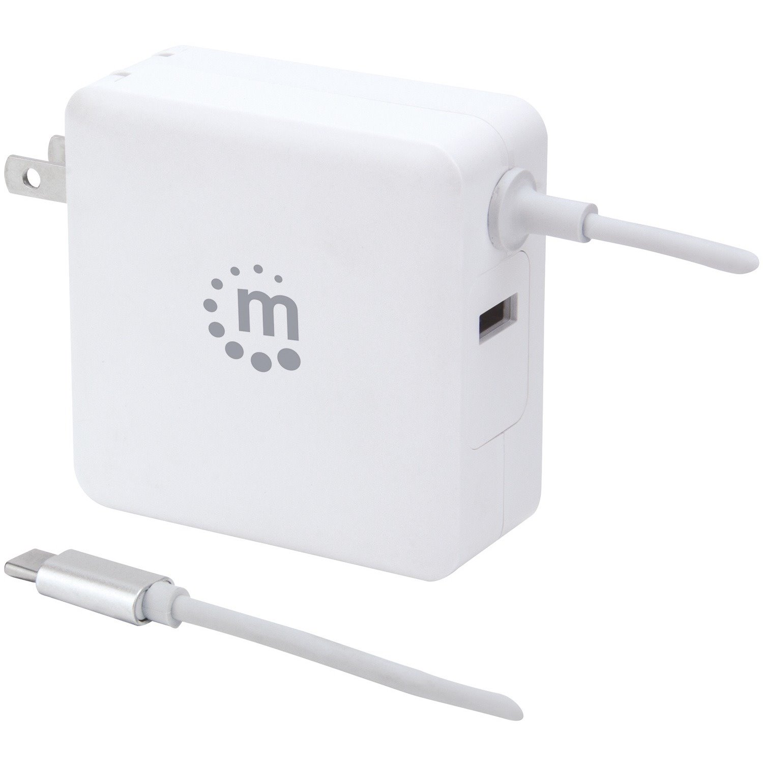 Manhattan Wall/Power Charger (Euro 2-pin), USB-C and USB-A ports, USB-C Output: 60W / 3A, USB-A Output: 2.4A, USB-C 1m Cable Built In, White, Three Year Warranty, Box