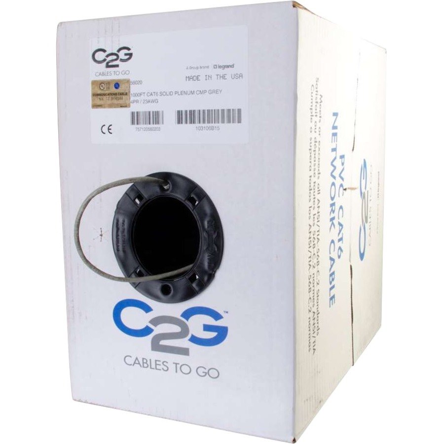 C2G 1000ft Cat6 Bulk Ethernet Network Cable-Solid UTP-Plenum CMP Gray TAA