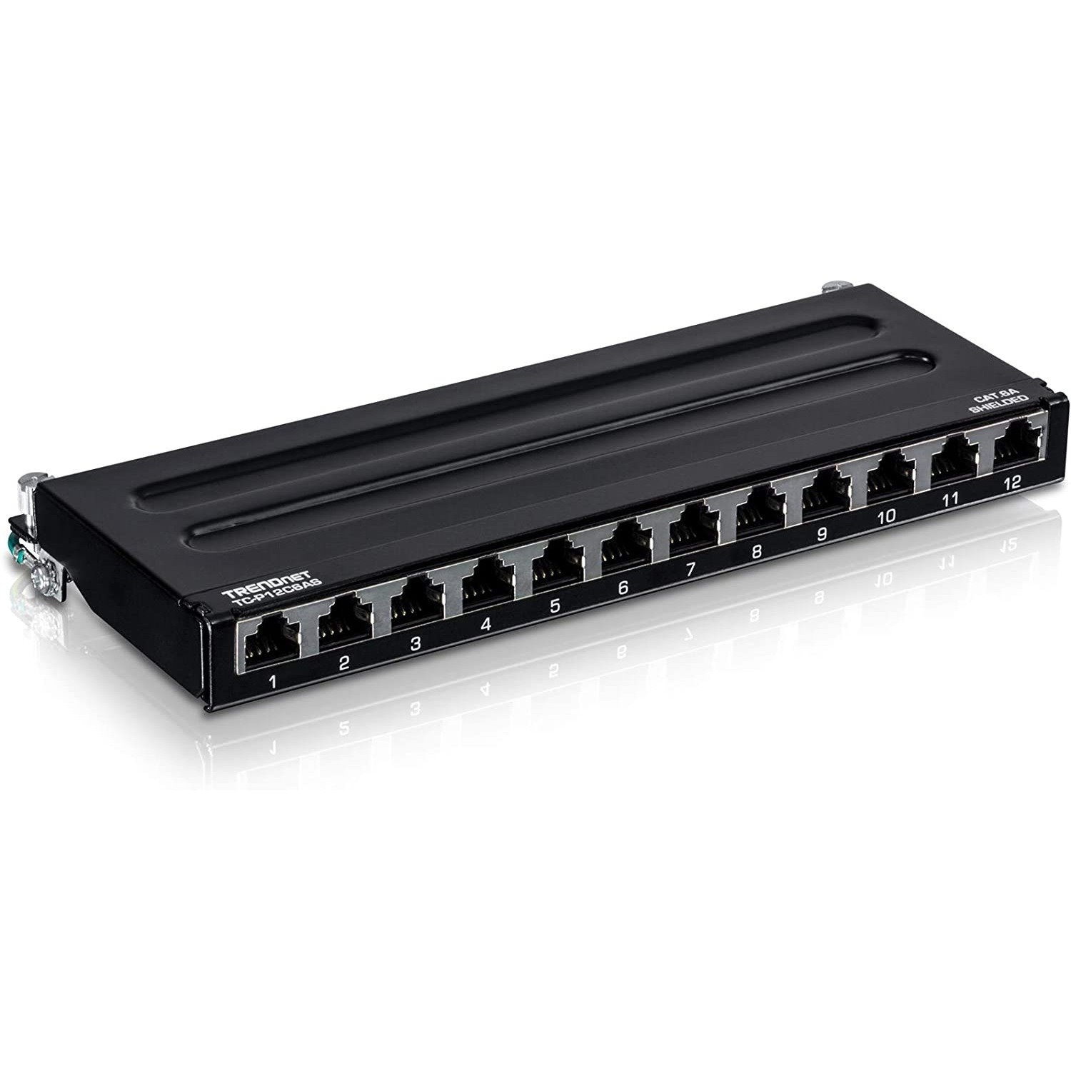 TRENDnet 12-Port Cat6A Shielded Patch Panel, 10G Ready, Cat5e,Cat6,Cat6A Compatible, Metal Housing, Color-Coded Labeling For T568A And T568B Wiring, Cable Management, Wall Mountable, Black, TC-P12C6AS