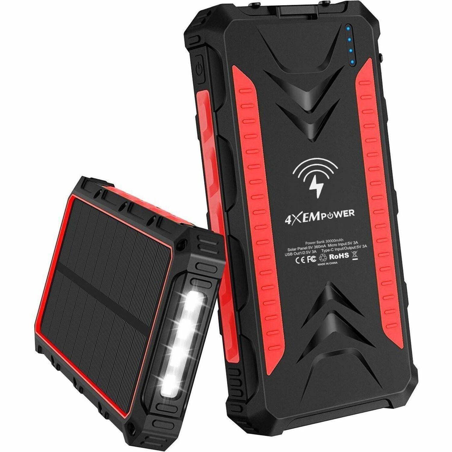 4XEM 30,000 mAh Mobile Solar Power Bank and Charger (Red)