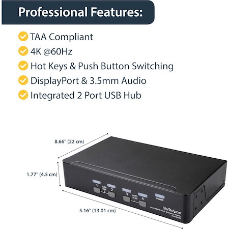 StarTech.com 4 Port DisplayPort KVM Switch - 4K 60Hz - Single Display - UHD DP 1.2 USB KVM Switch with USB 2.0 Hub & Audio - TAA Compliant