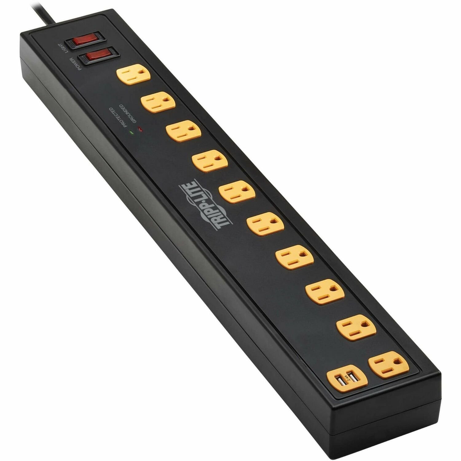 Tripp Lite by Eaton Protect It! 10-Outlet Surge Protector with Swivel Light Bars - 5-15R Outlets, 2 USB Ports, 6 ft. (1.8 m) Cord, 1350 Joules, Black